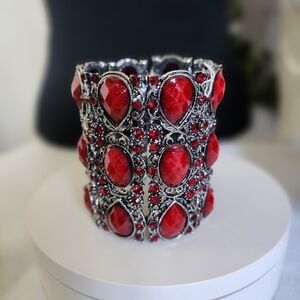 Silver Red Extra Wide Open Cuff Stretch Bracelet